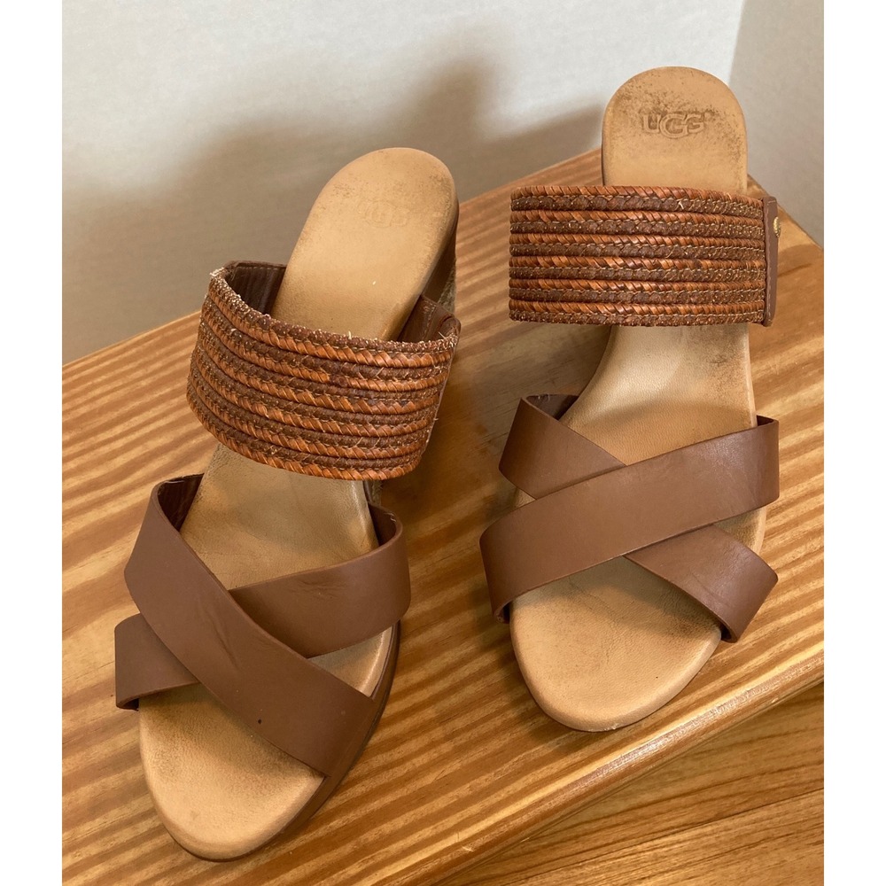 UGG Womens 8 Brown Leather Woven Espadrille Platform Wedge Sandals Earthy Beach